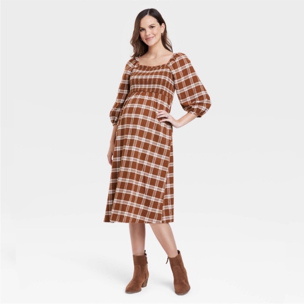 Isabel Maternity Midi Dress, Brown, M, Gingham, smocked